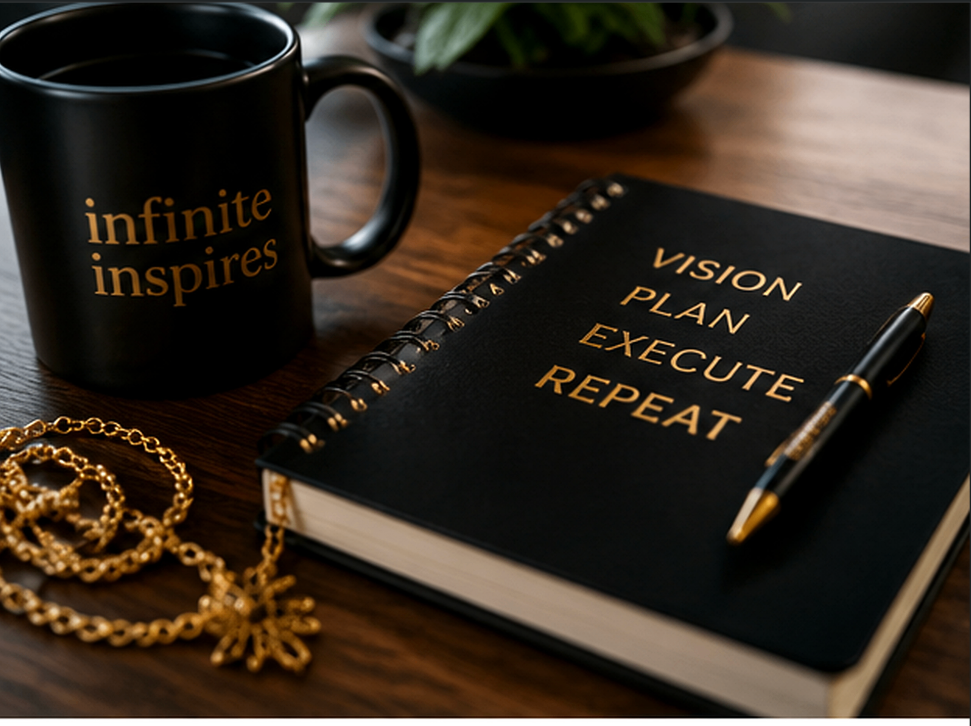 Infinite Inspires mug beside a journal reading Vision, Plan, Execute, Repeat